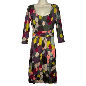 Boden Dress US 4R Multicolor Polka Dot Ruched Waist A-Line Scoop Neck 3/4 Sleeve